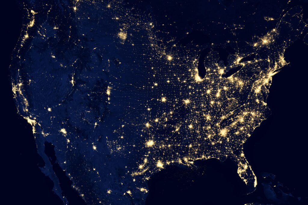 United States View from Space with Eastern cost lit up at night